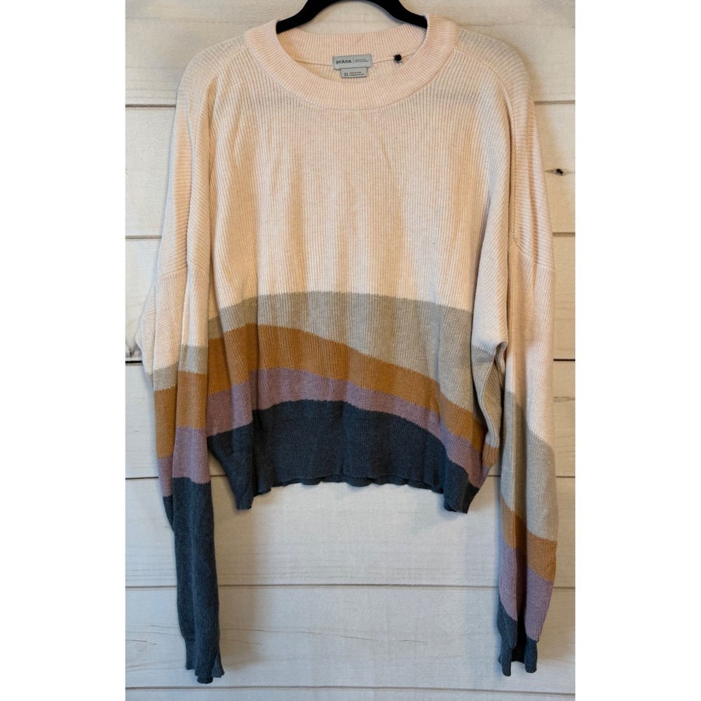 Prana Womens XL Organic Cotton Tencel Batwing Striped Ribbed Sweater Pink Multi